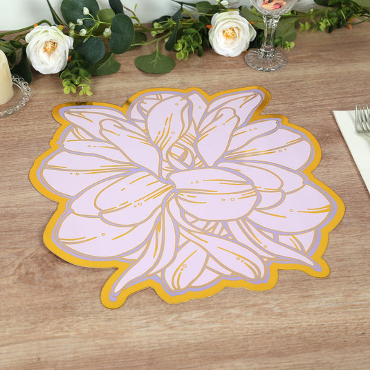 10-Pack Disposable Table Placemats in Lavender with Peony Flower Print & Gold Foil Edges - Lilac 300GSM Floral Cardboard Placemats for Dinner Parties & Gatherings 14" Charger Plates HIER_4640