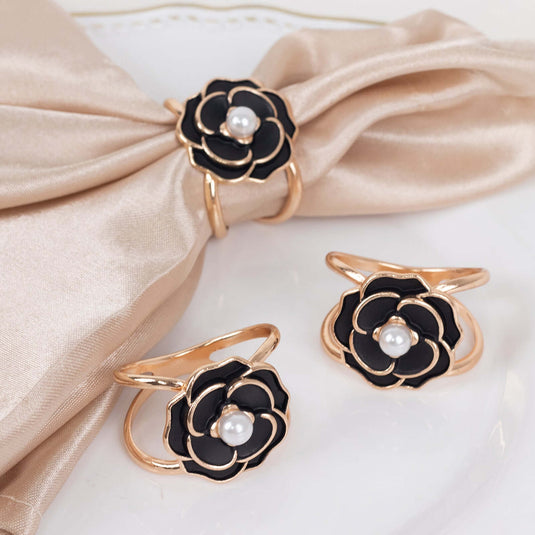 10 Pack Metal Chair Sash Pin Buckles Black 3D Rose Shaped - Stylish Pearl Floral Napkin Rings with Gold Rim Chair Sashes HIER_3360