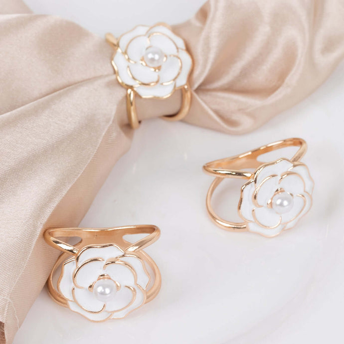 10 Pack Metal Chair Sash Pin Buckles White 3D Rose Shaped - Stylish Pearl Floral Napkin Rings with Gold Rim for Special Events Chair Sashes HIER_3360