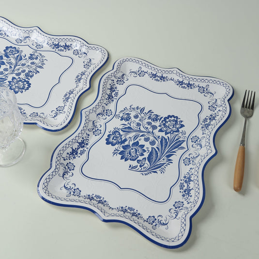 10-Pack Paper 14"x10" Rectangle Serving Trays White Royal Blue Damask Floral Pattern - Heavy Duty Disposable 400GSM Cardboard Party Platters for Weddings & Parties Disposables HIER_4630