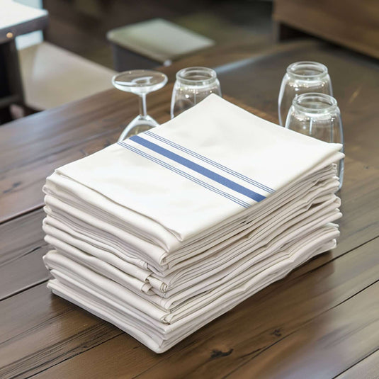 10 Pack Premium Spun Polyester 18"x22" Napkins White/Blue Bistro Style - Highly Absorbent Cotton-Like Feel Cloth Napkins Napkins HIER_2430