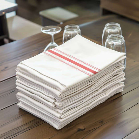 10 Pack Premium Spun Polyester 18"x22" Napkins White/Red Bistro Style - Highly Absorbent Cotton-Like Feel Cloth Napkins Napkins HIER_2430