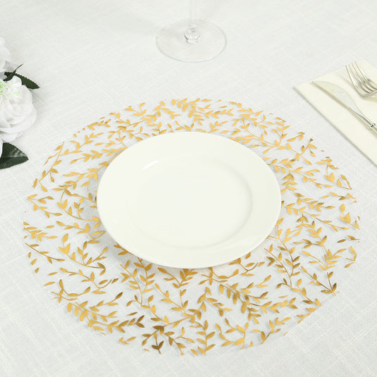 10-Pack Table Placemats Gold Foil Leaf Vine Design White Round - Organza Disposable Floral Mats 13" Disposables HIER_4640