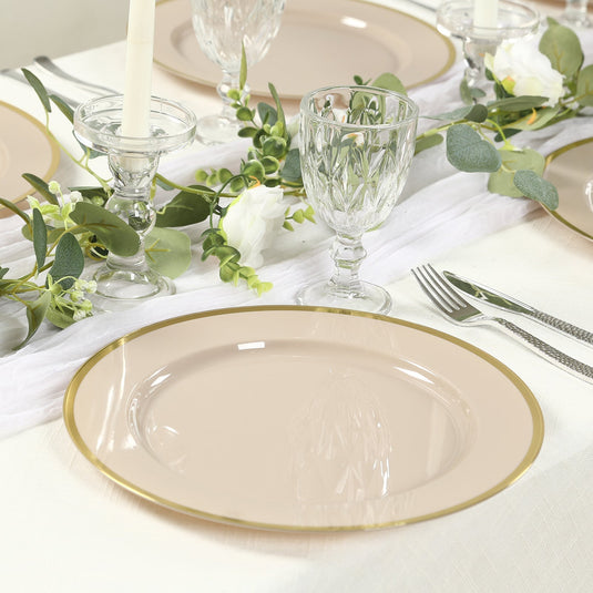 10 Pack Taupe Economy Plastic Charger Plates With Gold Rim, 12" Round Dinner Chargers Event Tabletop Decor Charger Plates HIER_4610