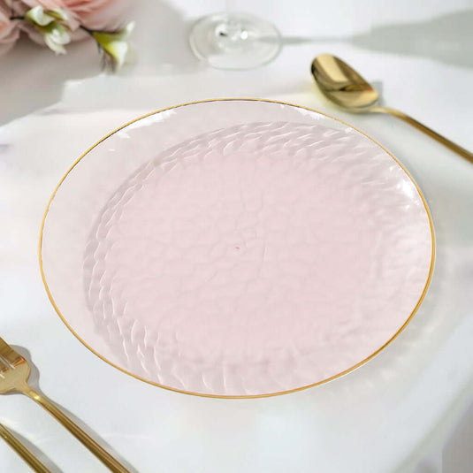 10-Pack Plastic 9" Round Dinner Plates in Transparent Blush Hammered Design with Gold Rim - Modern Disposable Party Plates Disposables HIER_4110