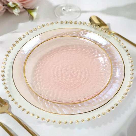 10-Pack Plastic 7" Round Dessert Appetizer Plates in Transparent Blush Hammered Design with Gold Rim - Modern Disposable Salad Plates Disposables HIER_4120