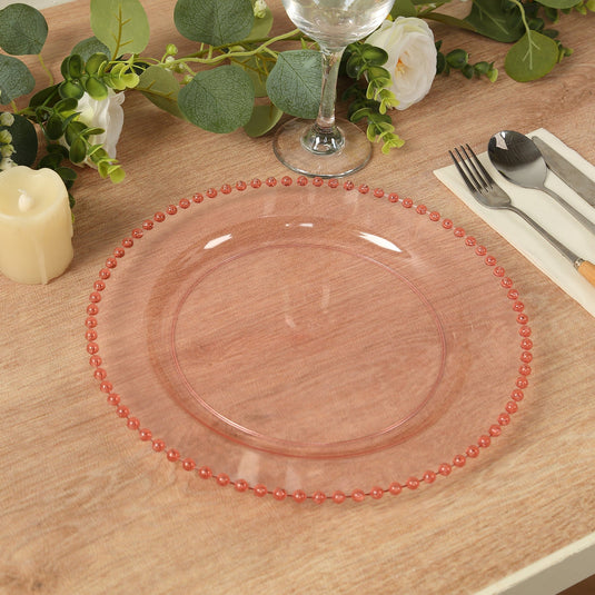 10-Pack Plastic 10" Round Dinner Plates in Transparent Blush with Beaded Rim - Disposable Party Plates Disposables HIER_4110