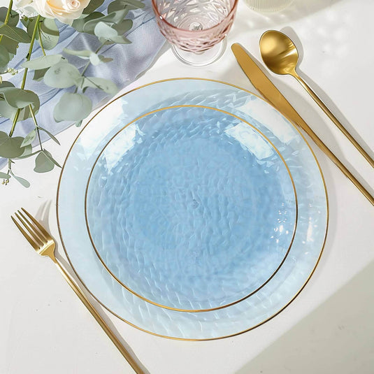 10-Pack Plastic 7" Round Dessert Appetizer Plates in Transparent Dusty Blue Hammered Design with Gold Rim - Modern Disposable Salad Plates Disposables HIER_4120