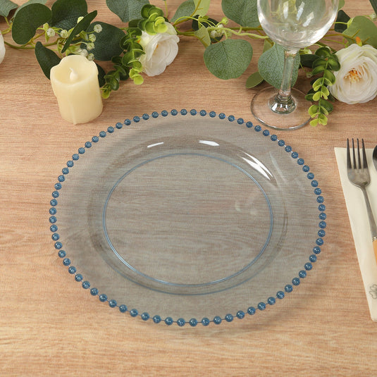 10-Pack Plastic 10" Round Dinner Plates in Transparent Dusty Blue with Beaded Rim - Disposable Party Plates Disposables HIER_4110