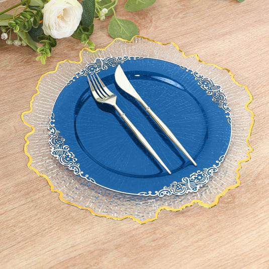 10-Pack Plastic 10" Round Dinner Plates in Transparent Navy Blue with Silver Leaf Embossed Rim - Disposable Vintage Baroque Style Plates Disposables HIER_4110