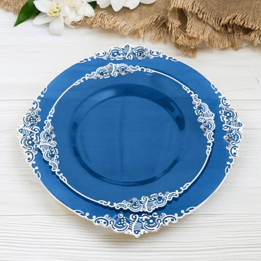 10-Pack Plastic 8" Round Dessert Plates in Transparent Navy Blue with Silver Leaf Embossed Rim - Disposable Vintage Baroque Style Salad Plates Disposables HIER_4120