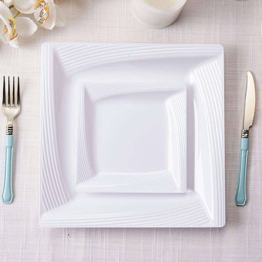 10-Pack Plastic 6" Square Dessert Plates in White with Geometric Ridge Trim - Disposable Appetizer Salad Plates for Stylish Gatherings & Celebrations Disposables PROstorez Default Title