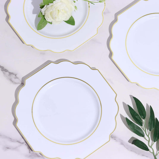 10-Pack Plastic Dessert Appetizer Plates in White Baroque Design with Scalloped Gold Rim - Heavy Duty Disposable Salad Plates for Formal Events & Banquets 8