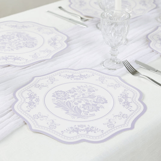 10-Pack Disposable Table Placemats 13" Round Placemats in White with Lavender Damask Floral Pattern & Scalloped Rim - 400GSM Cardboard Placemats for Stylish Table Setting Disposables HIER_4640