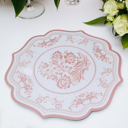 10-Pack Disposable Table Placemats 13" Round Placemats in White with Pink Damask Floral Pattern & Scalloped Rim - 400GSM Cardboard Placemats for Stylish Table Setting Disposables HIER_4640