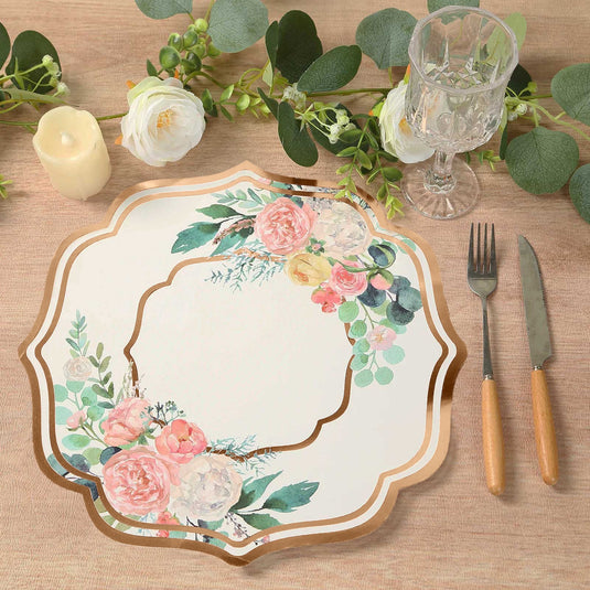 10-Pack Disposable Table Placemats in White with Peony Flowers Print & Rose Gold Scalloped Rim - Floral Cardboard Placemats for Dinner Parties & Gatherings 13" Charger Plates HIER_4630