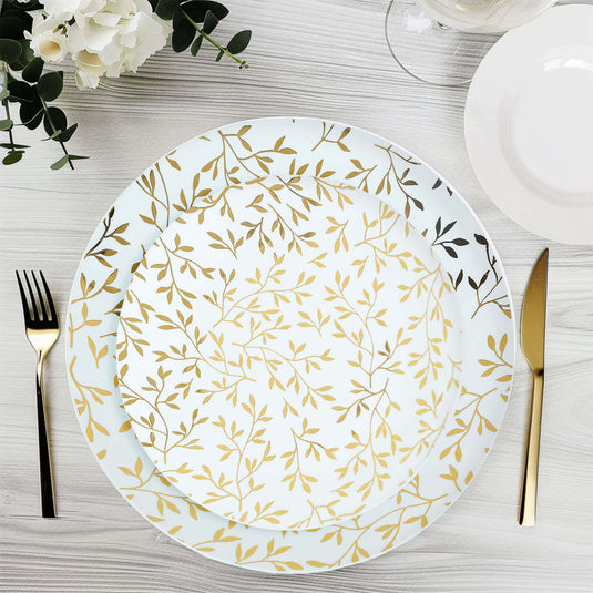 10-Pack Plastic 8" Round Salad Dessert Plates in White with Gold Leaf Design - Heavy Duty Disposable Party Plates for Stylish Events & Memorable Gatherings Disposables HIER_4120