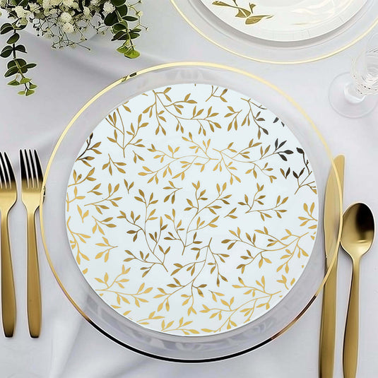 10-Pack Plastic 10" Round Dinner Plates in White with Gold Leaf Design - Heavy Duty Disposable Party Plates for Stylish Events & Memorable Gatherings Disposables HIER_4110