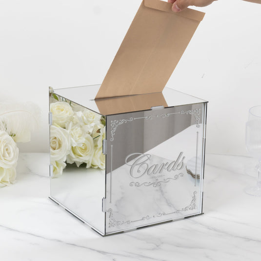 10" Silver Mirror Acrylic Wedding Card Box with Slot - Wishing Well Money Box for Reception, Graduation, and Events Wedding Accessories HIER_9760