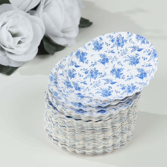 100-Pack Paper 3.5" Round Plates in White with Blue French Toile Design & Scalloped Rim - Disposable Mini 250GSM Dessert Party Plates for Tapas, Appetizers & Finger Foods Disposables HIER_4130