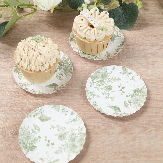 100-Pack Paper 3.5" Round Plates in White with Sage Green French Toile Design & Scalloped Rim - Disposable Mini 250GSM Dessert Party Plates for Tapas, Appetizers & Finger Foods Disposables HIER_4130