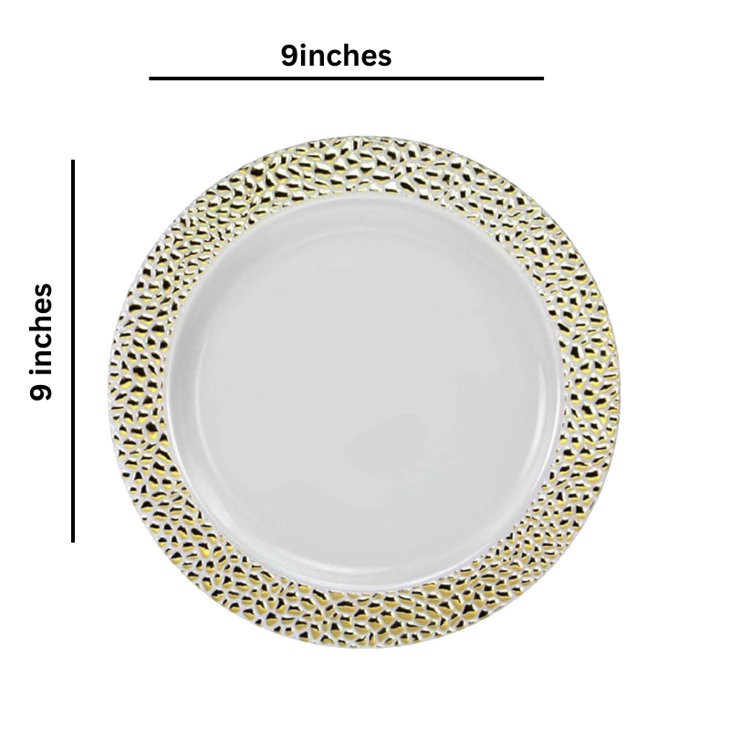 Load image into Gallery viewer, Pebbled Plastic Dinner Plate Gold Rim 9&quot; Elegant Plates Lillian
