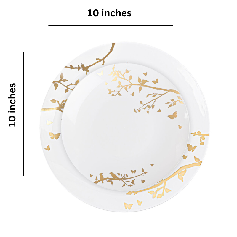 Load image into Gallery viewer, Spring Collection White and Gold Plastic Dinner Plates 10&quot; Tablesettings Blue Sky
