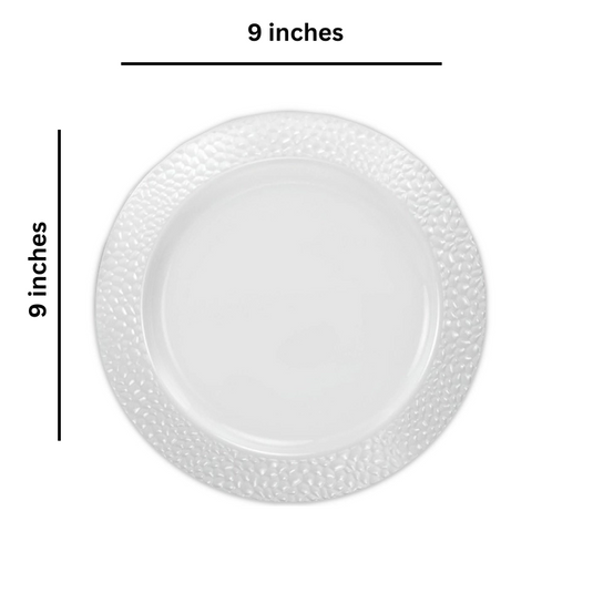 Pebbled Plastic Dinner Plate White Rim 9" Elegant Plates Lillian