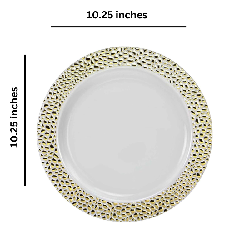 Load image into Gallery viewer, Pebbled Plastic Dinner Plate Gold Rim 10.25&quot; Elegant Plates Lillian
