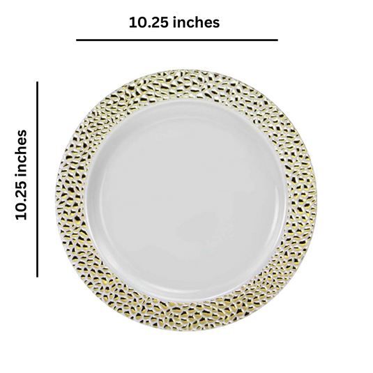 Pebbled Plastic Dinner Plate Gold Rim 10.25