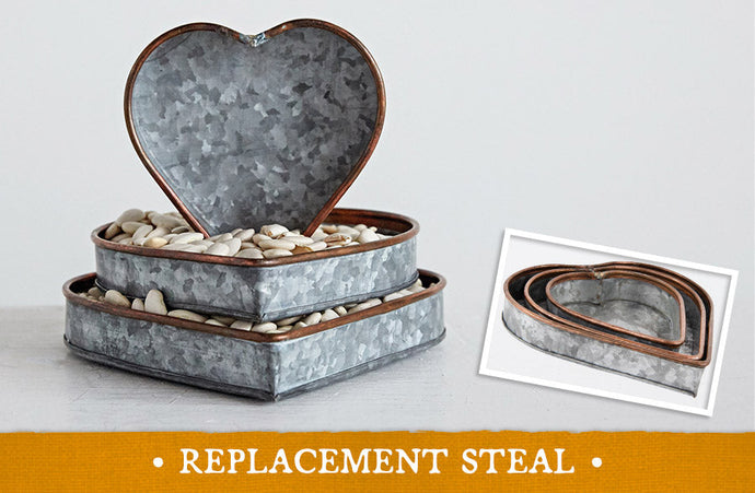 Heart Shaped Galvanized Metal Tray with Copper Rim, Set of 3 General CC