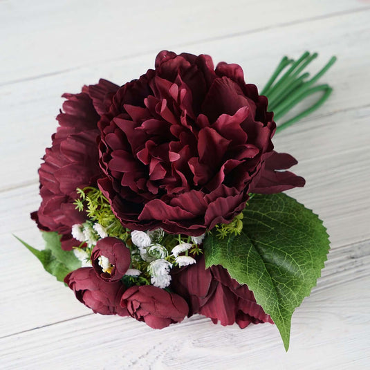 12" Burgundy Artificial Silk Peonies Bouquet, Faux Peony Spray Bush Silk Flowers PROstorez Default Title