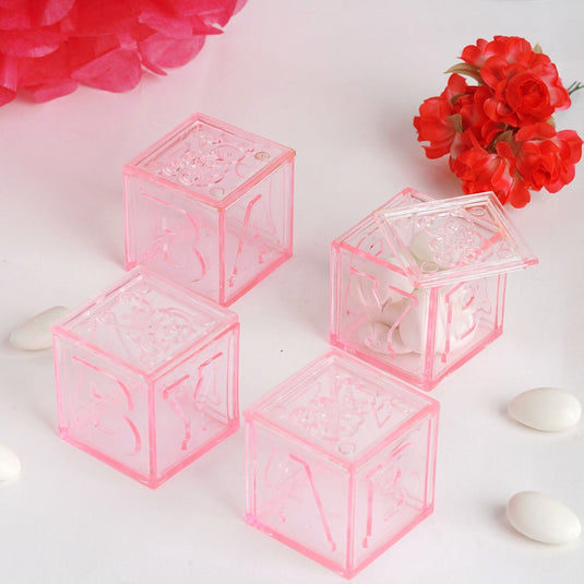 12 Pack 2" Pink Fillable Plastic Baby Shower Candy Gift Boxes, Transparent Baby Blocks Favor Boxes Disposables HIER_9720