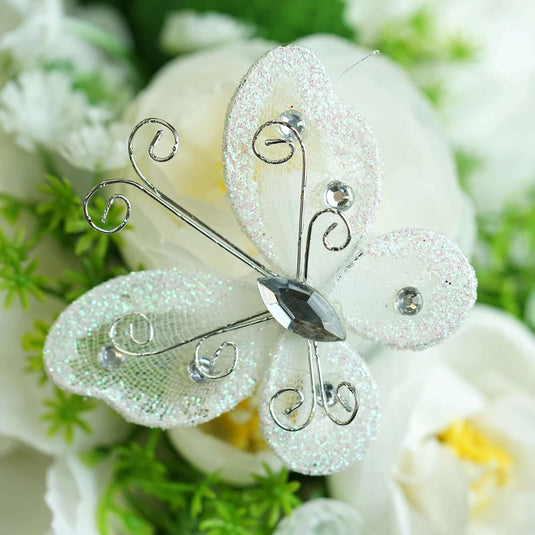 12 Pack 2" White Diamond Studded Wired Organza Butterflies Decorations PROstorez Default Title