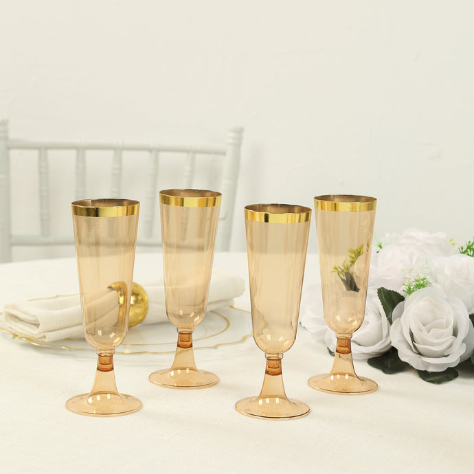 12-Pack Plastic Champagne Flutes Transparent Amber Gold with Gold Rim - Stylish Disposable Cocktail Glasses for Parties 5oz 6