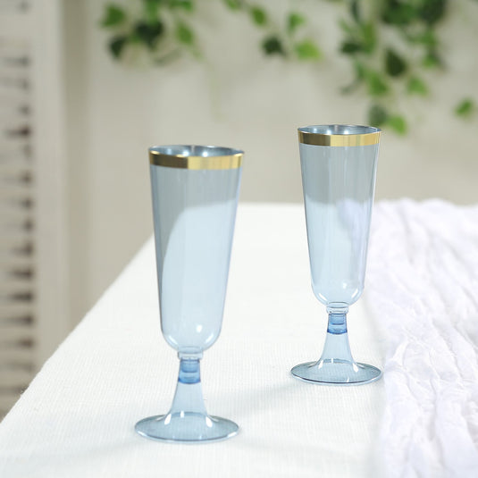 12-Pack Plastic Champagne Flutes Transparent Dusty Blue with Gold Rim - Stylish Disposable Cocktail Glasses for Parties 5oz 6