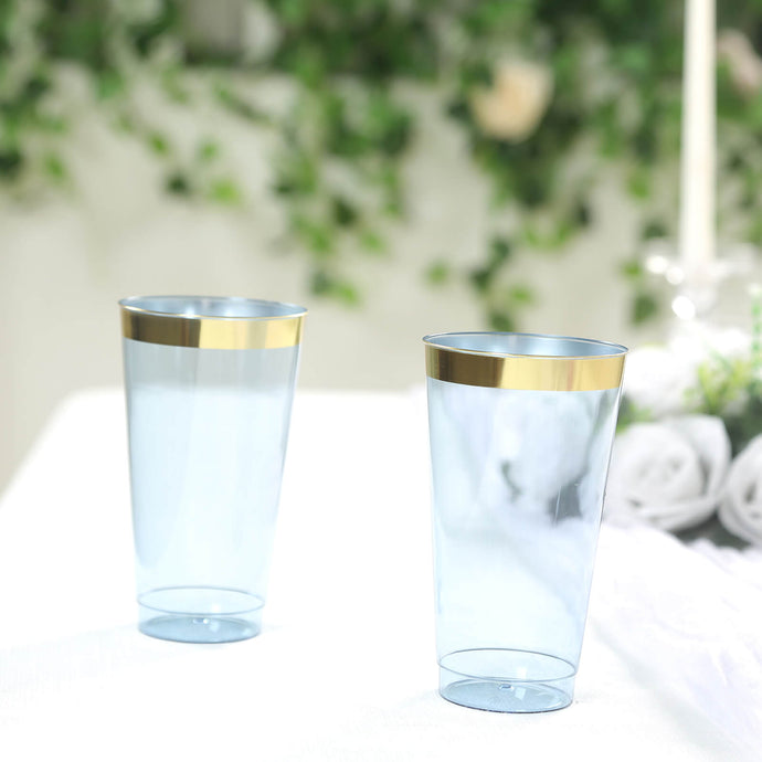 12-Pack Plastic Party Cups Transparent Dusty Blue with Gold Rim - Durable Disposable Tumblers for Drinks 17oz 5.5