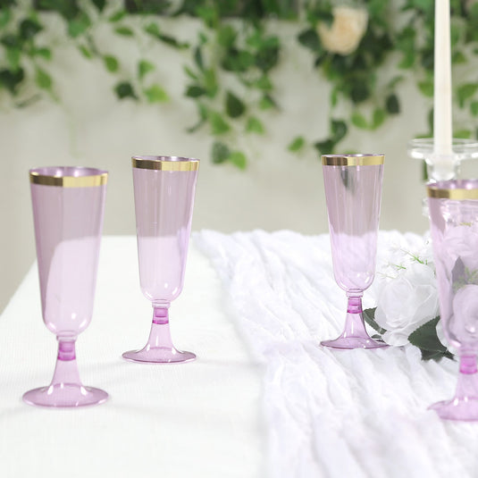 12-Pack Plastic Champagne Flutes Transparent Purple with Gold Rim - Stylish Disposable Cocktail Glasses for Parties 5oz 6