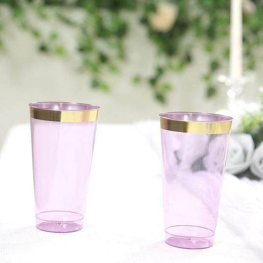 12-Pack Plastic Party Cups Transparent Purple with Gold Rim - Durable Disposable Tumblers for Drinks 17oz 5.5