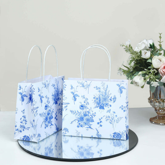 12 Pack White Blue Paper Gift Bags With Handles in French Toile Pattern, Party Favor Goodie Bags - 6"x7" Favor Bags HIER_9710