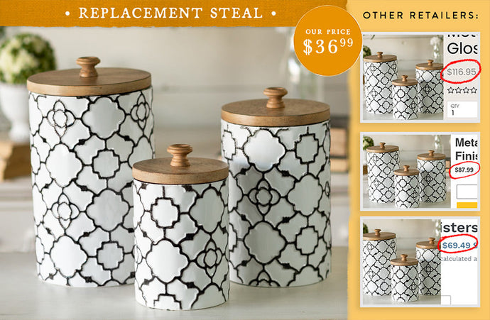 Embossed Patterned Canisters with Wooden Lids, Set of 3 General VIP