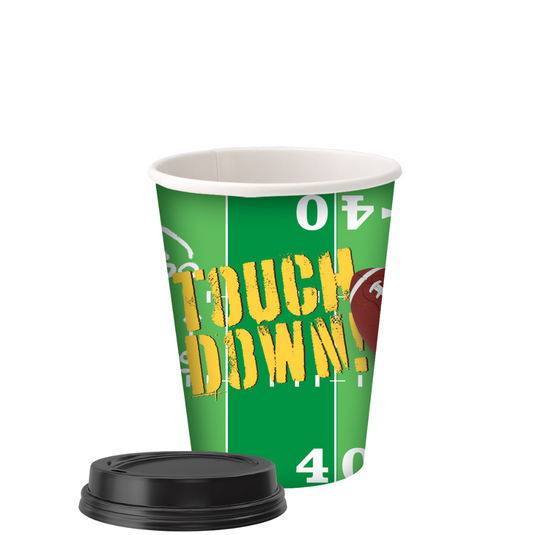 Touch-Down Sports 9oz Paper Cups with Black Dome Lids:16CT Party Supplies VeZee