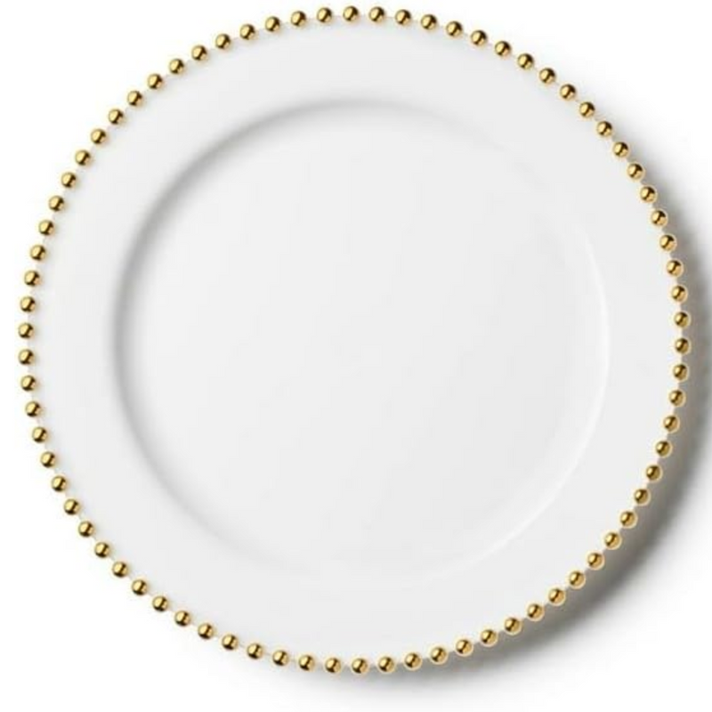 Load image into Gallery viewer, White &amp; Gold Beaded EXTRA HEAVY Weight 10.25&quot; Plastic Diner Plates Decorline
