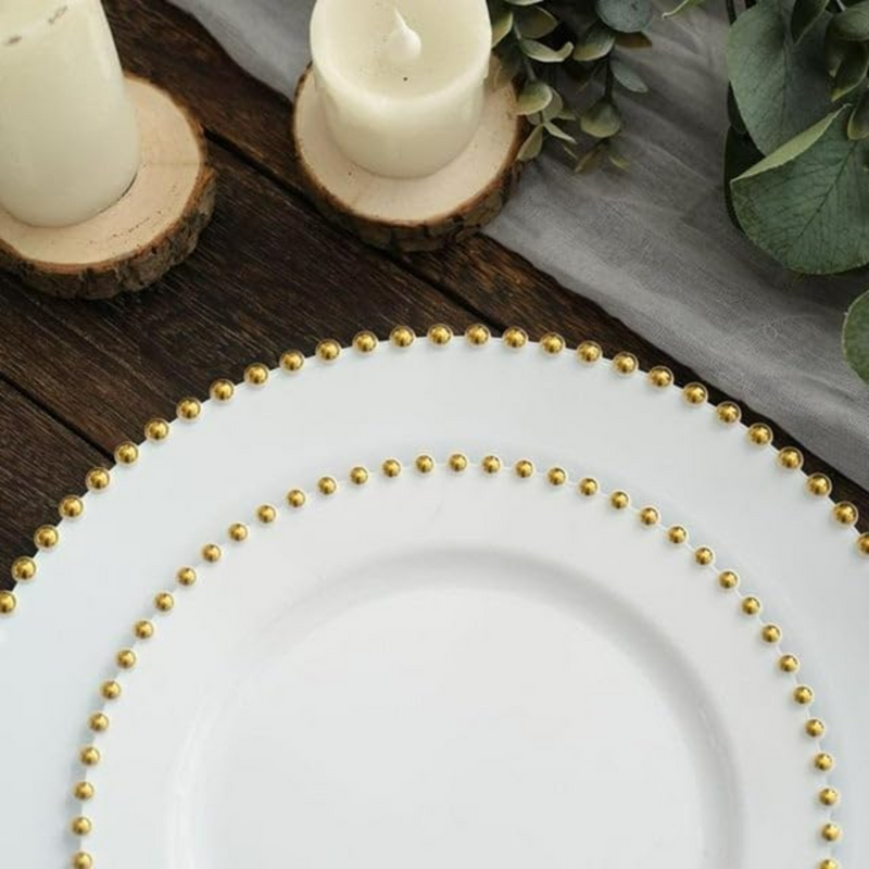 Load image into Gallery viewer, White &amp; Gold Beaded EXTRA HEAVY Weight 7.5&quot; Plastic Diner Plates Decorline
