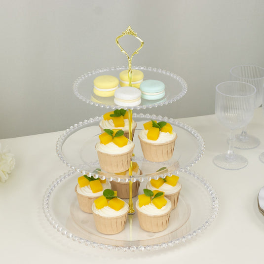 14" Clear 3-Tier Plastic Dessert Display Stand With Beaded Rim, Round Cupcake Tower Tea Party Serving Platter With Top Handle Cake Stands HIER_7520