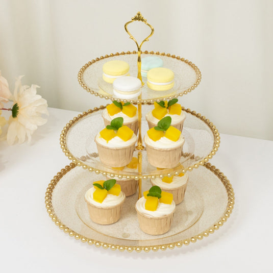 14" Clear Gold Glittered 3-Tier Plastic Dessert Display Stand With Gold Beaded Rim, Round Cupcake Tower Tea Party Serving Platter With Top Handle Cake Stands HIER_7520