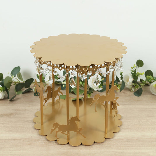 Metal Round Pedestal Cake Stand Gold Carousel Design with Hanging Acrylic Beads - Luxurious Dessert Display Centerpiece Holder for Cupcakes & Pastries 14" Cake Stands HIER_7510