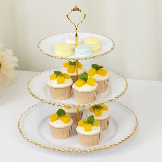 14" White 3-Tier Plastic Dessert Display Stand With Gold Beaded Rim, Round Cupcake Tower Tea Party Serving Platter With Top Handle Cake Stands HIER_7520