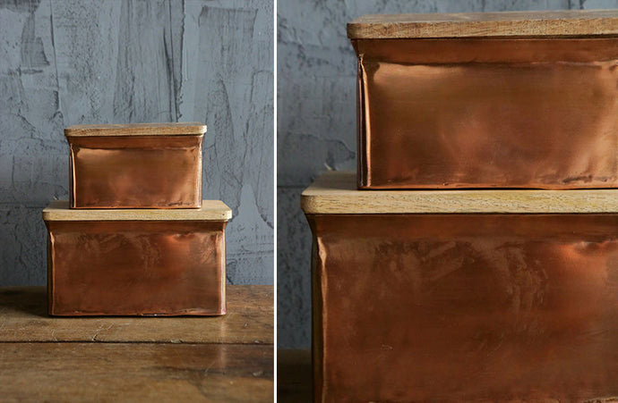 Copper Finish Storage Boxes wit Wooden Lids, Set of 2 General CC