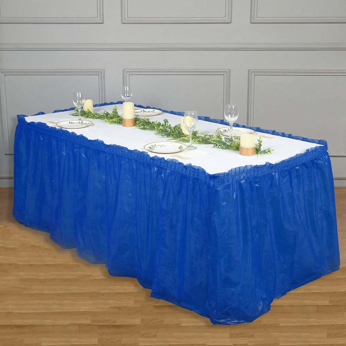 Plastic Table Skirt Royal Blue Ruffled - Durable Disposable Skirt for Events 14ft Table Skirts HIER_4520 Default Title